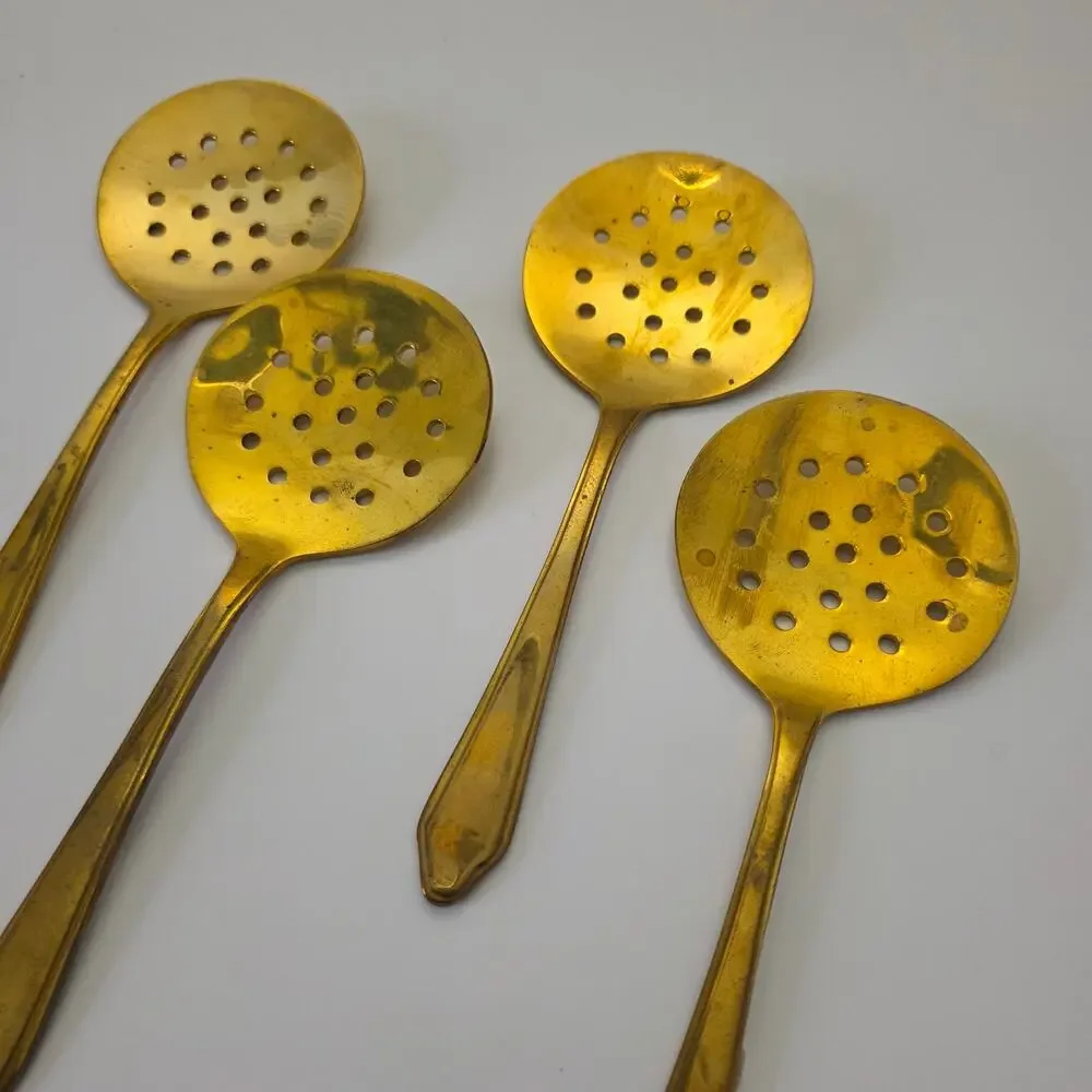 Vintage Brass Slotted Serving Spoons Set of 4 Gold Cocktail Bar Olive Spoon